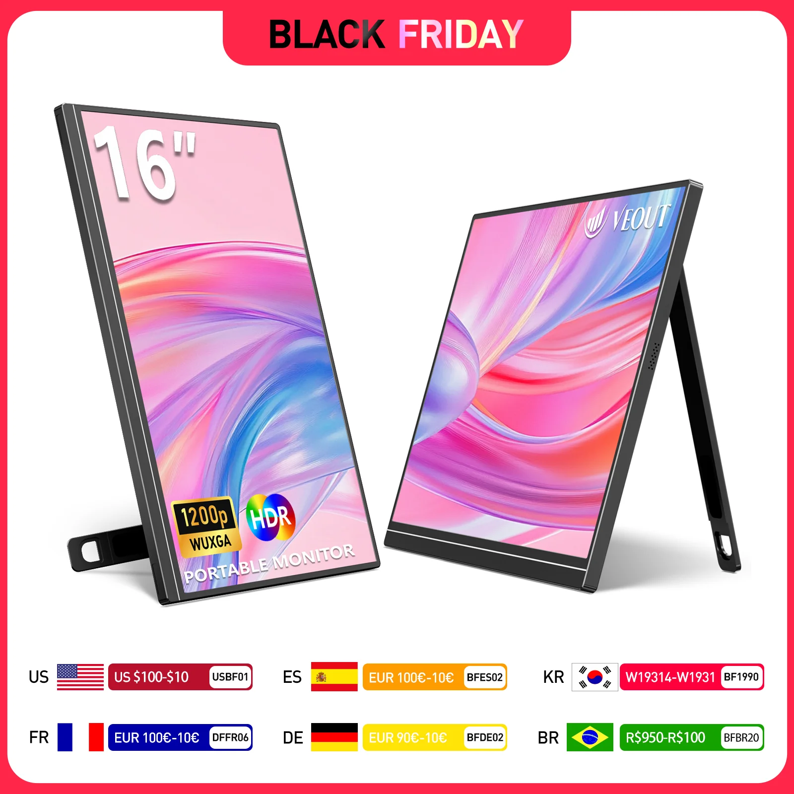 Gran oferta, Monitor portátil para juegos VEOUT de 16, 60HZ pulgadas para ordenador portátil, pantalla LCD FHD de 1200P, segunda pantalla externa de ordenador para teléfono - imagen 2