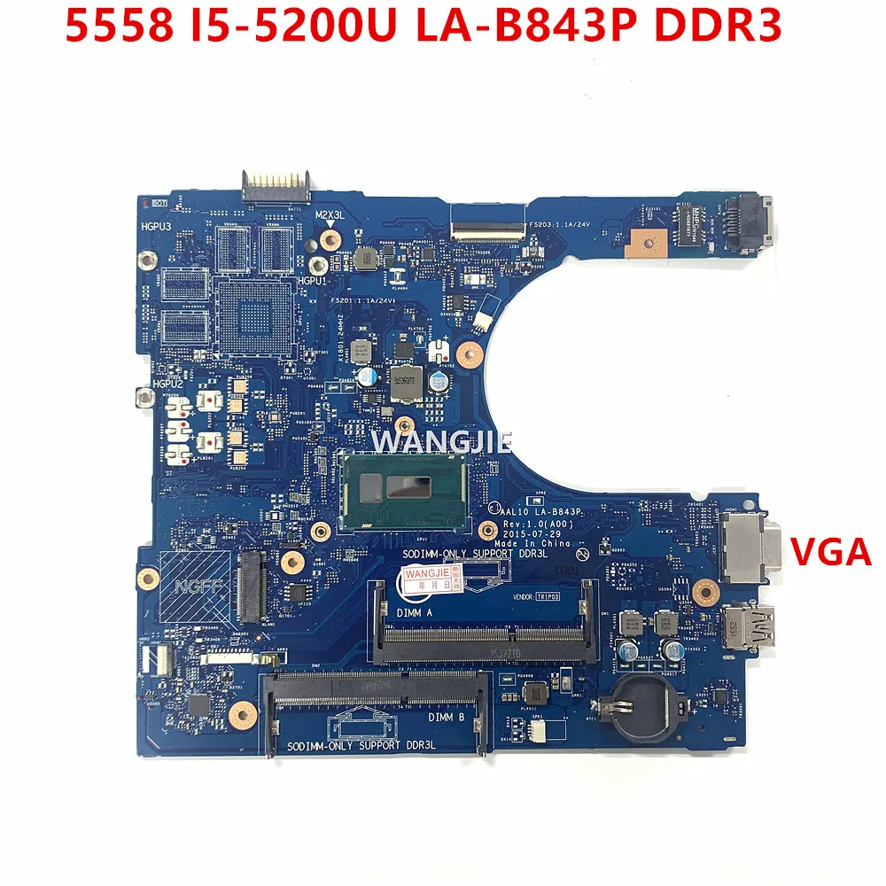 Para la placa base del ordenador portátil DELL Inspiron 5558 7CV2G 07CV2G CN-07CV2G con I5-5200U CPU AAL10 LA-B843P DDR3 100% en funcionamiento - imagen 2