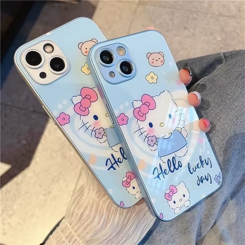 Sanrio Hello Kitty funda de teléfono de Color metálico para Samsung S10 S20 S21 S22 S23 S8 S9 S24 S25 FE PLUS Ultra 5G cubierta dura de vidrio - imagen 2