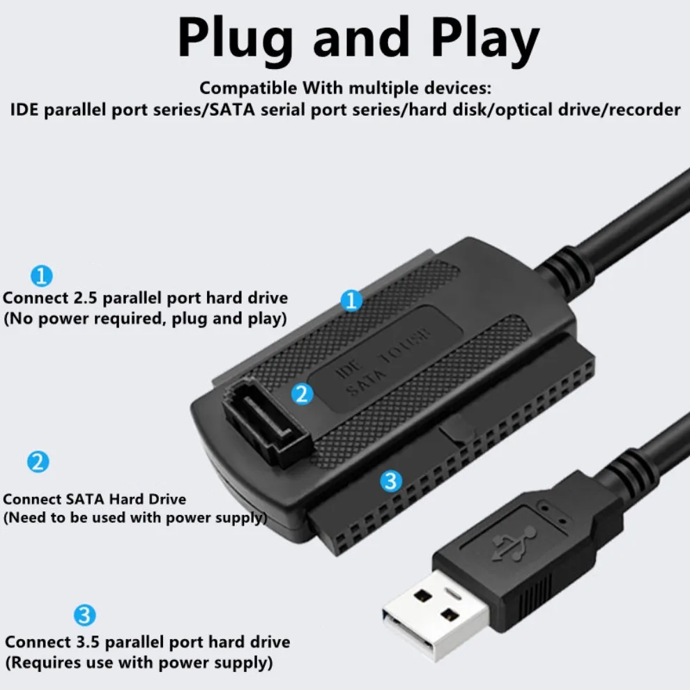 Cable adaptador IDE SATA a USB 3 en 1, convertidor USB a SATA IDE para disco duro SSD de 2,5 y 3,5 pulgadas con adaptador de CA compatible con sistema operativo Windows MAC - imagen 3