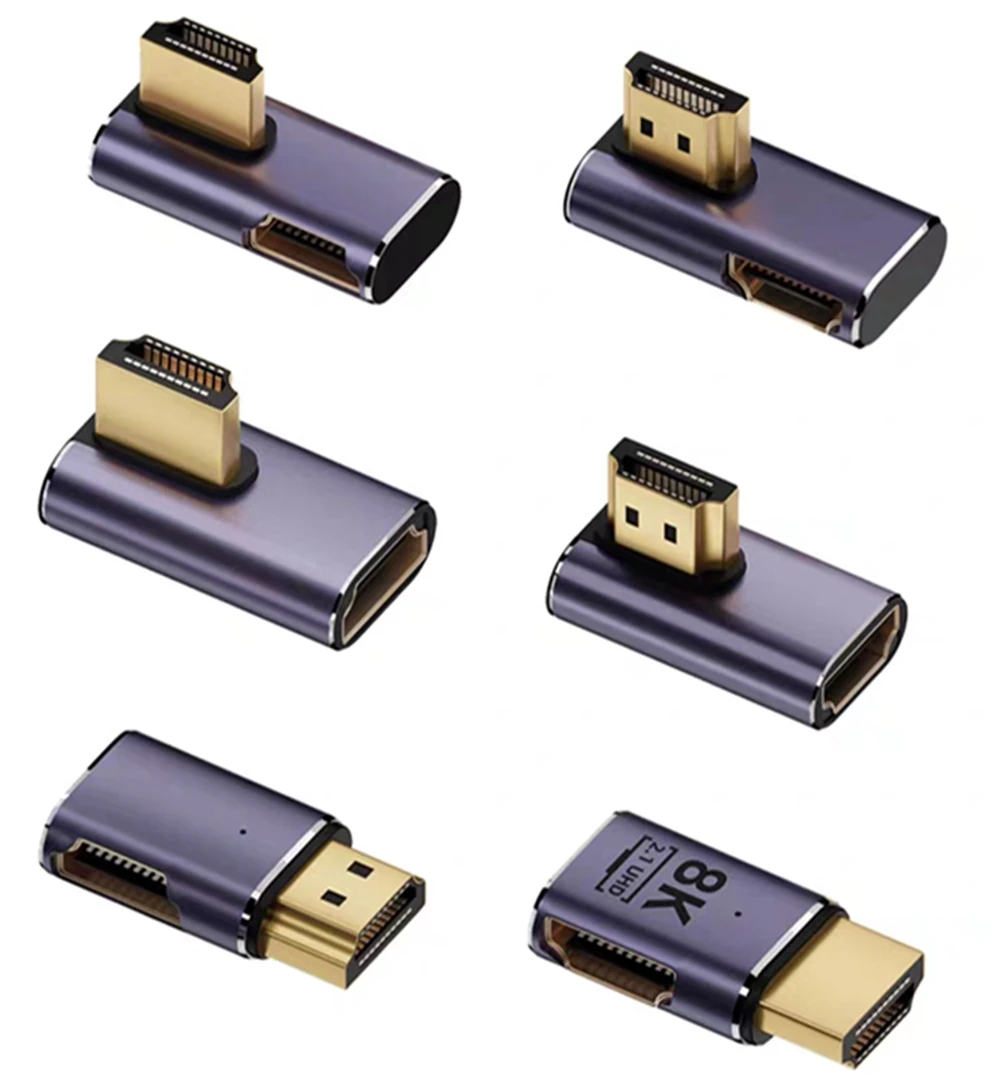 Adaptador HDMI de alta definición con carcasa de aluminio, 8k @ 60hz, dobleces laterales, 2,1 adaptadores, ángulos rectos extendidos