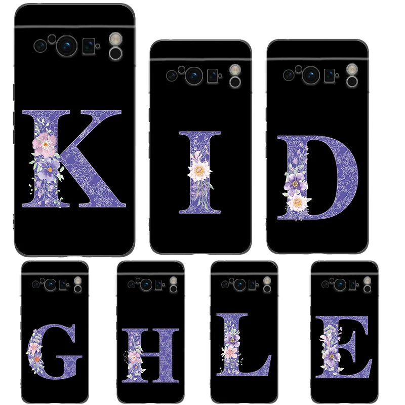 Pour Google Pixel 10 Pro coque de téléphone Pixel 9 Pro XL coque en TPU Pixel 8 Pro 9A 8A 7A 7 6A 6 Pro couverture lettre initiale fleur violette