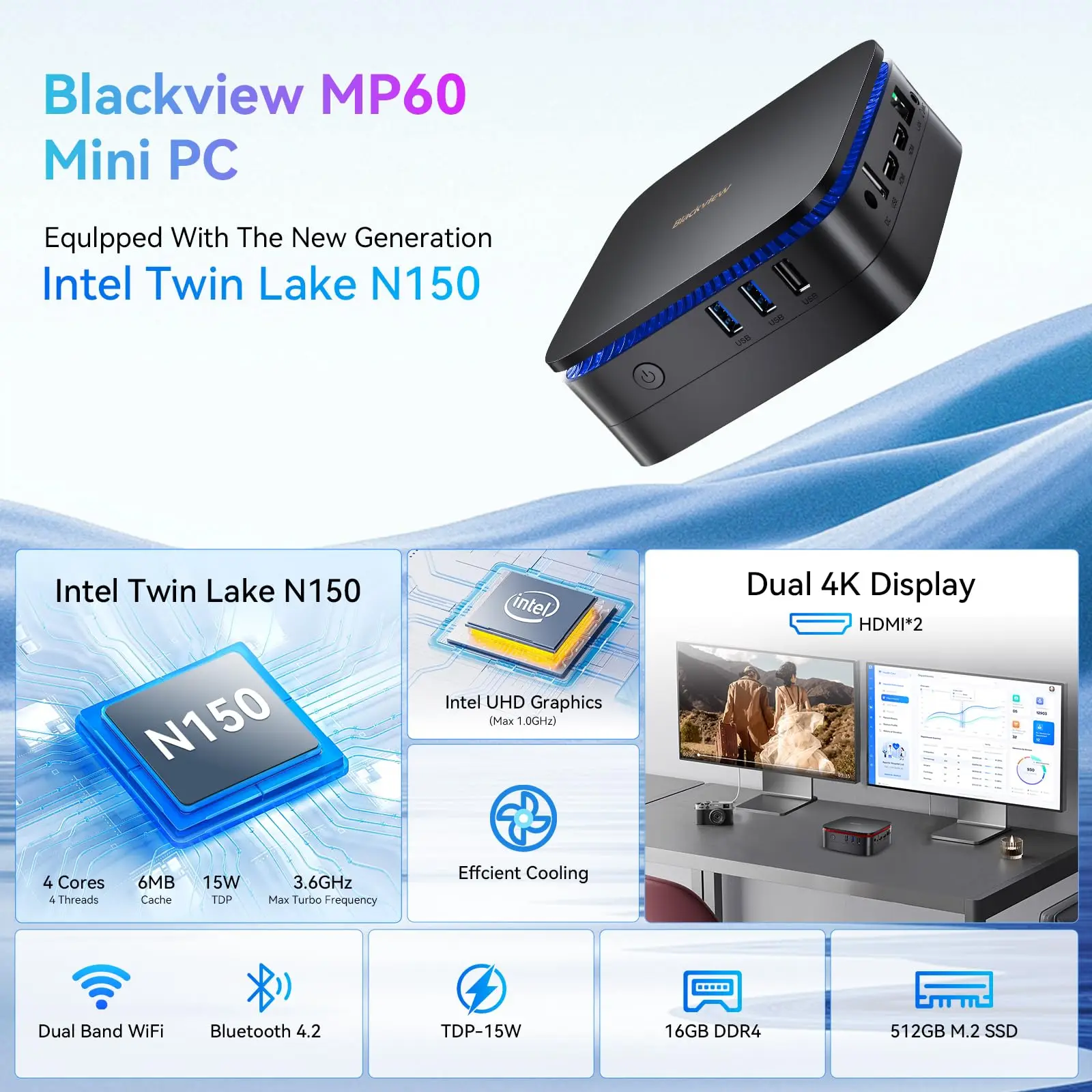 Blackview nuevo MP60 N150 Mini PC Windows 11 PC 16GB 512GB SSD compatible con pantalla 4K UHD Doble HDMI WIFI de doble banda gráficos Intel UHD - imagen 3