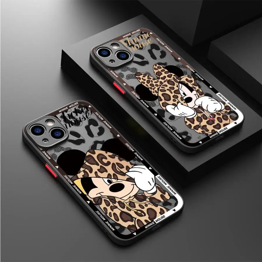Funda de teléfono Disney Leopard Mickey Minnie para Apple iPhone 15 16 Pro XS Max 13 14 Plus XR SE 7 8 12 11 Pro plus mate