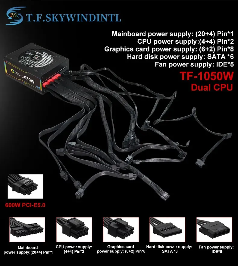 Fuente de alimentación para juegos PCIE 5 y ATX 3,0 de 1050W, conectores ATX PSU 12VHPWR completamente modulares en fuente de alimentación de bajo ruido PCIE 5,0 - imagen 5