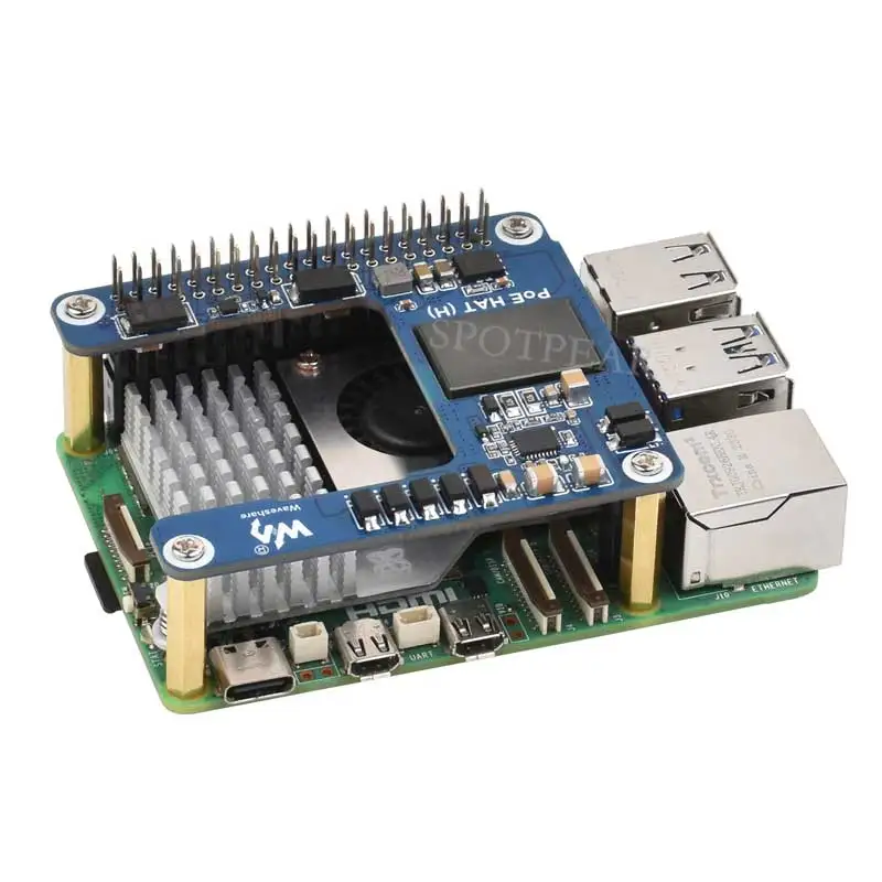 MINI HAT Raspberry Pi 5 PoE (H) 5V/5A Alimentación a través de RJ45 Ethernet 802.3af/at Moudle para Pi5 / CM5 Waveshare PoE HAT - imagen 2