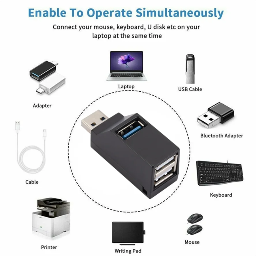 Extensor de adaptador HUB USB 3,0, Mini caja divisora, 3 puertos USB 2,0 de alta velocidad para PC, portátil, lector de tarjetas de disco U, convertidor USB de acoplamiento - imagen 2