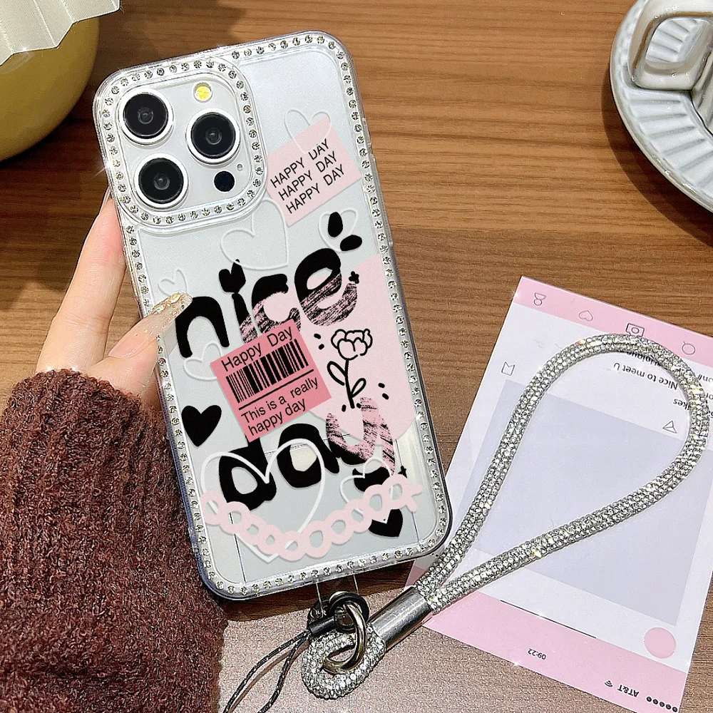 Funda de teléfono con cordón de diamante para iPhone 17 16 Pro Max 11 13 15 14 12 Air 17promax 16promax Funda transparente a prueba de golpes