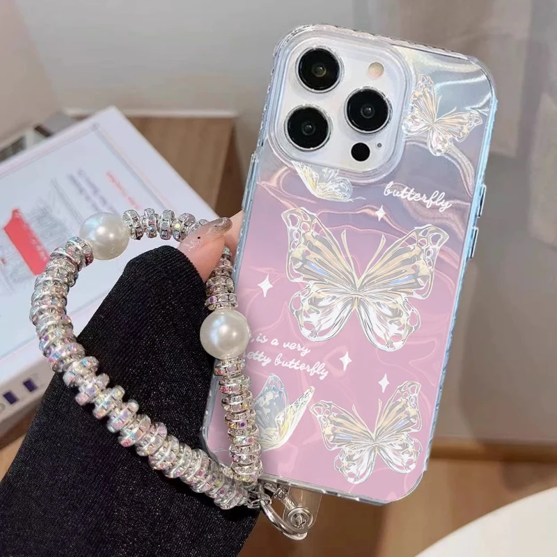 Funda con cadena enjoyada de mariposa colorida a la moda para iPhone 17 Pro Max 17 Pro Air 16E Girl, funda para teléfono con ondas de agua láser - imagen 4
