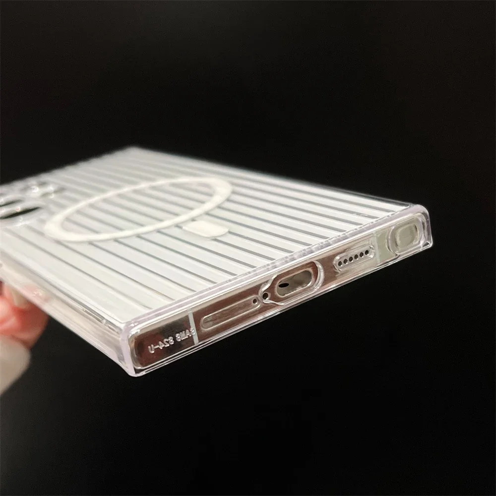 Funda transparente HD dura de lujo para Magsafe, funda para Samsung Galaxy S24 S23 Ultra Plus con rayas de carga inalámbrica magnética, funda para PC - imagen 4
