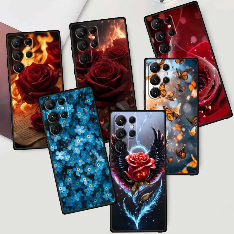 Arte mariposa Rosa flor para Samsung Galaxy S25 S24 S23 S22 S21 S20 S10 Ultra Plus FE 5G negro suave TPU funda de teléfono