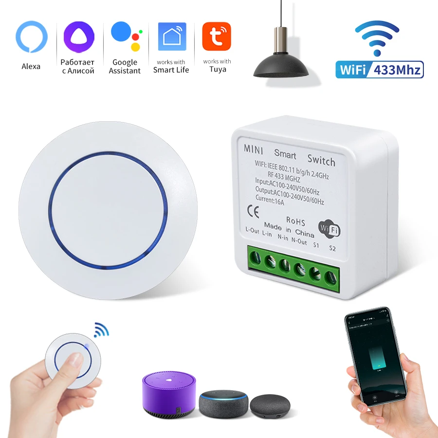 16A Tuya WiFi interruptor inteligente módulo automático RF433Mhz receptor de relé inalámbrico Mini interruptor redondo remoto Alexa Google Home Control de voz