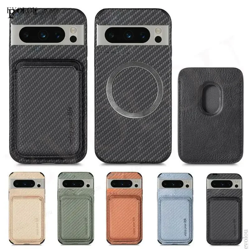 Funda con tarjetero tipo billetera de fibra de carbono para Google Pixel 10 Pro XL, Funda de cuero con carga inalámbrica Magsafe magnética para Pixel 9A 8