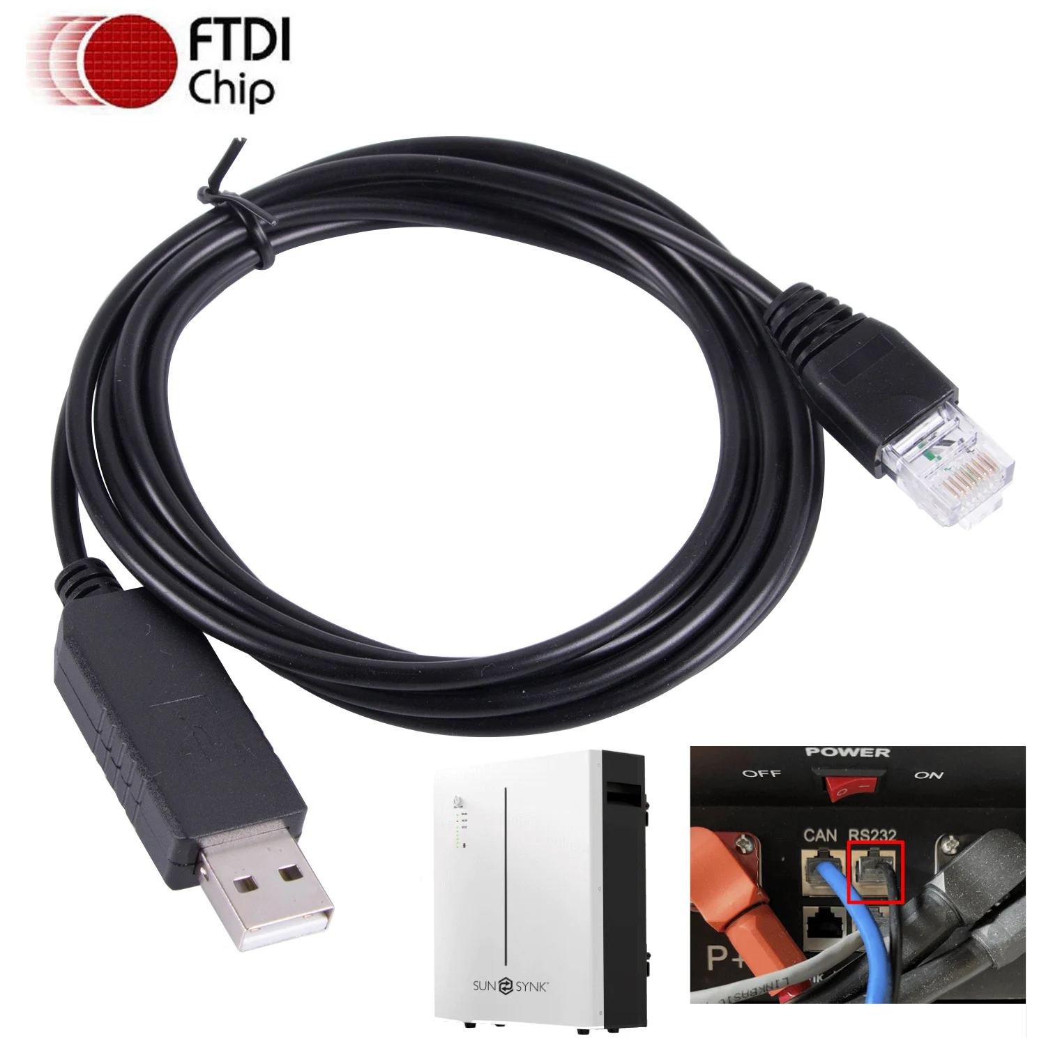 Cable adaptador convertidor serie USB RJ45 RS232 para batería solar SunSynk BMS SUN-BATT / BYD