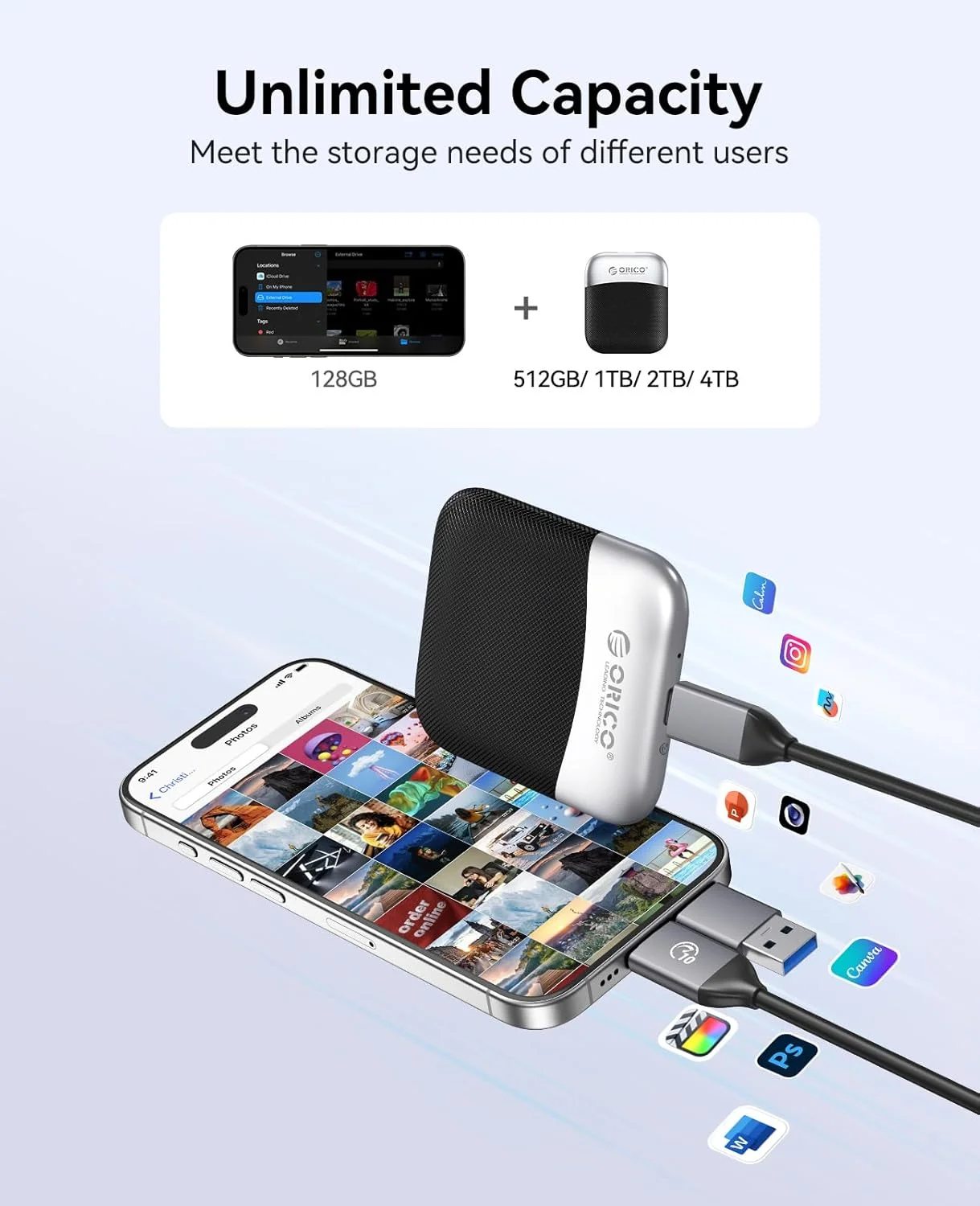 ORICO SSD externo de 1 TB con cable USB C y A 2 en 1, hasta 460 MB/s, unidades de estado sólido portátiles Plug and Play para tableta M5PLUS - imagen 3