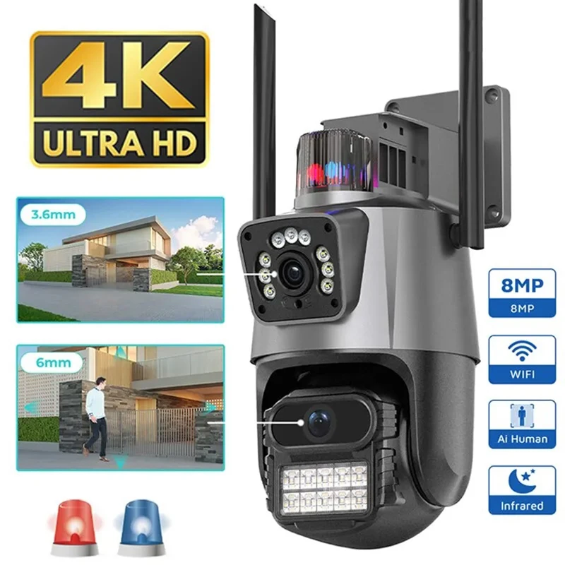 Cámara PTZ con Wifi para exteriores, 4K, 8MP, HD, doble lente, pantalla Dual, seguimiento automático AI, videovigilancia de 4MP, alarma de luz policial iCSee