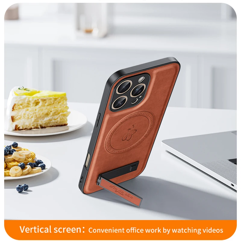 Funda de teléfono con soporte de cuero de negocios para iPhone 16, 15, 14, 13, 12 Pro Max Plus 16E, fundas protectoras magnéticas para lentes a prueba de golpes - imagen 4