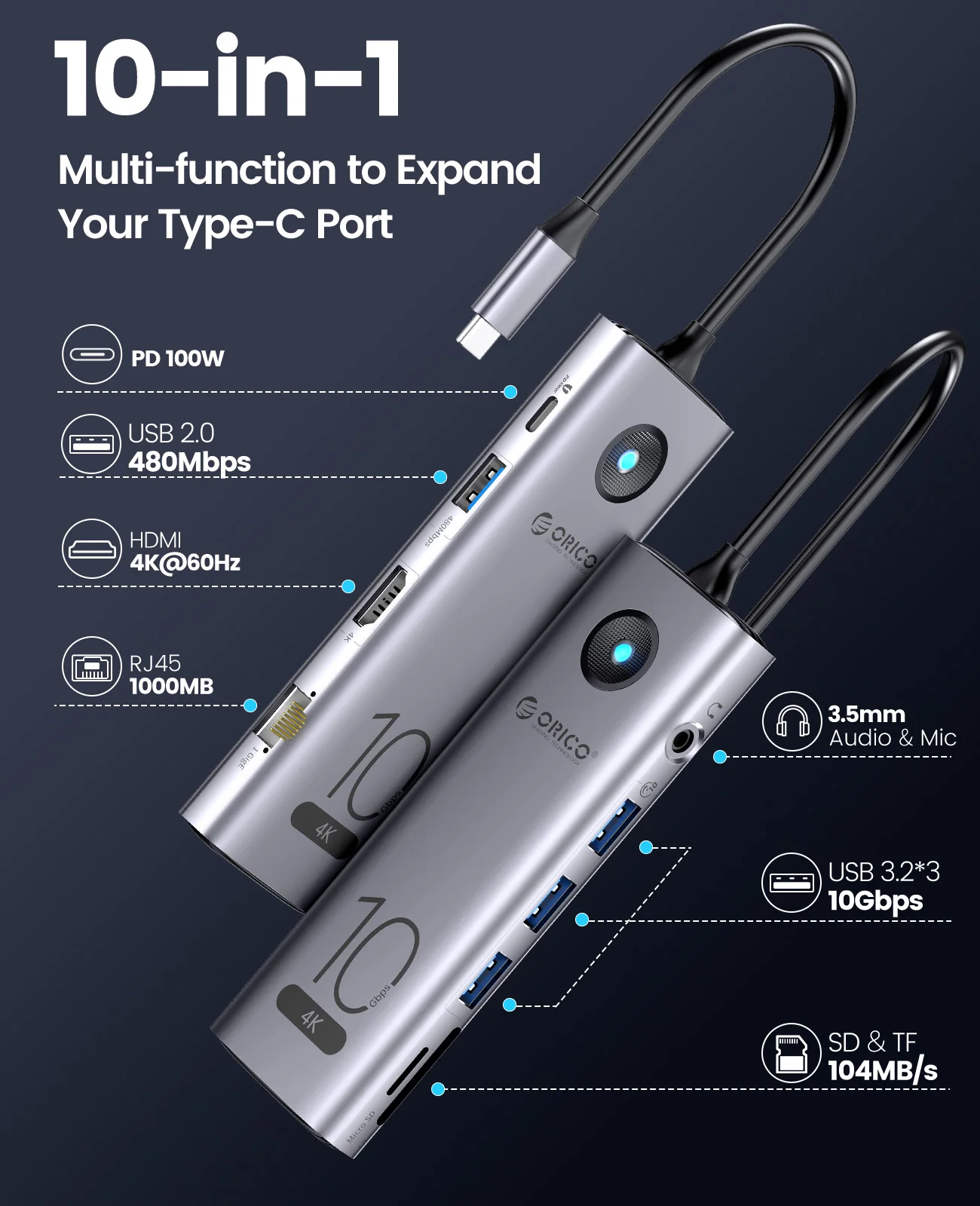 ORICO-estación de acoplamiento tipo C de 10Gbps, 4K60Hz, compatible con HDMI, USB 3,0, 2,0 HUB, RJ45, PD100W, adaptador, lector de tarjetas para accesorios de ordenador portátil - imagen 3