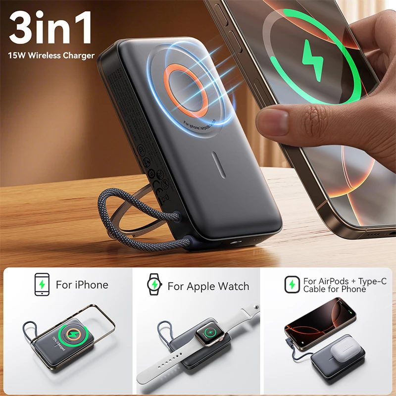 Banco de energía magnético 3 en 1, Banco de energía de carga rápida de 22,5 W, cargador portátil inalámbrico de 10000mAh para iPhone 12-16, reloj AirPods - imagen 2