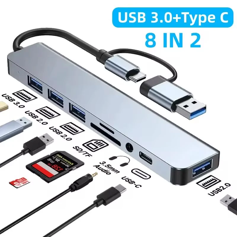 8 en 2 USB HUB 3,0 USB C HUB estación de acoplamiento 5Gbps transmisión de alta velocidad USB divisor tipo C a USB OTG adaptador para Macbook Pro