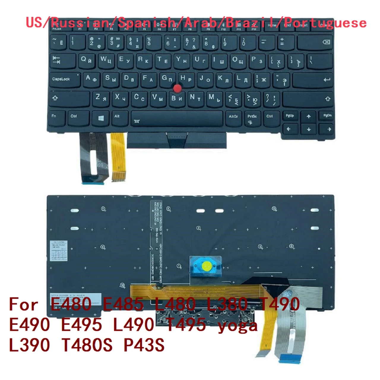Teclado retroiluminado para Lenovo Thinkpad, E480, E485, L480, L380, T490, E490, E495, L490, T495, yoga, L390, T480S, P43S, EE. UU., RU, SP, AR, BR