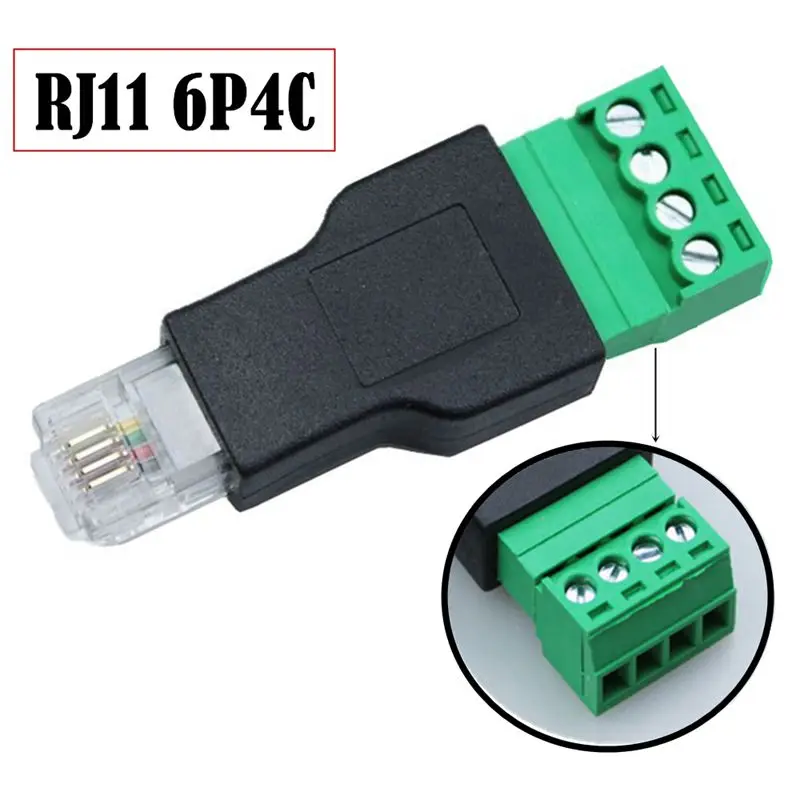 Adaptador de Terminal de tornillo sin soldadura, cabezal de cristal RJ11 6P4C macho a 4P, verde, adecuado para Cables receptores telefónicos