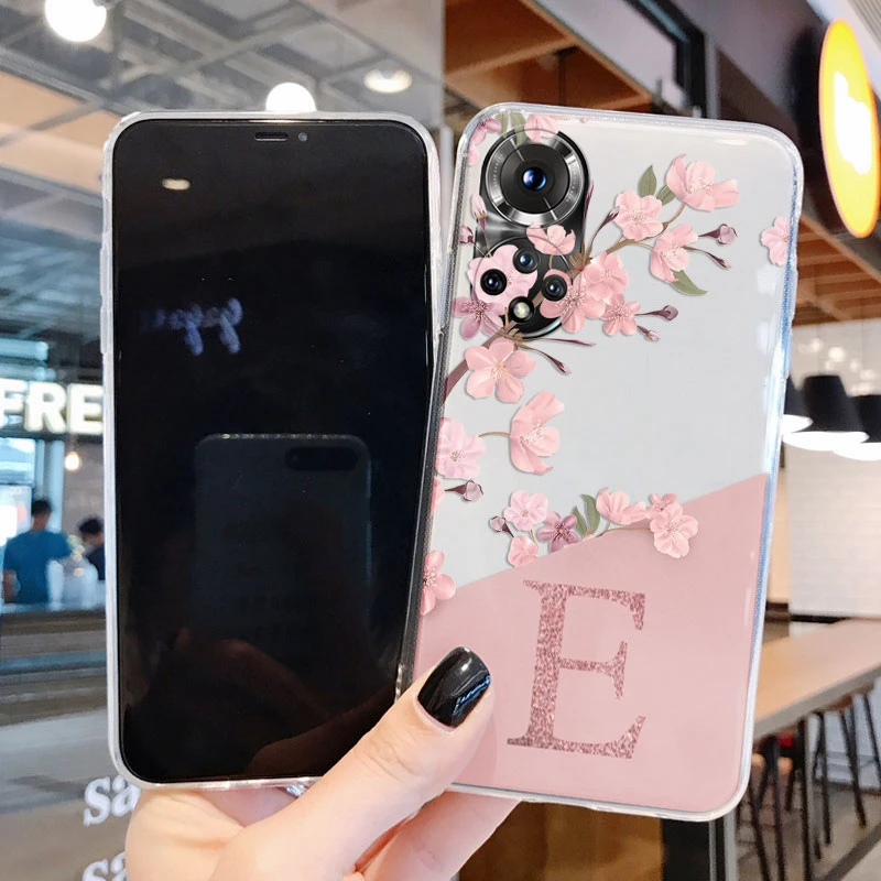 Bonita funda con letras para Honor 50 90 400 Lite Pro Coque Huawei P20 P30 Pro P40 Lite Nova 6 SE, funda suave con alfabeto de flores transparente - imagen 2