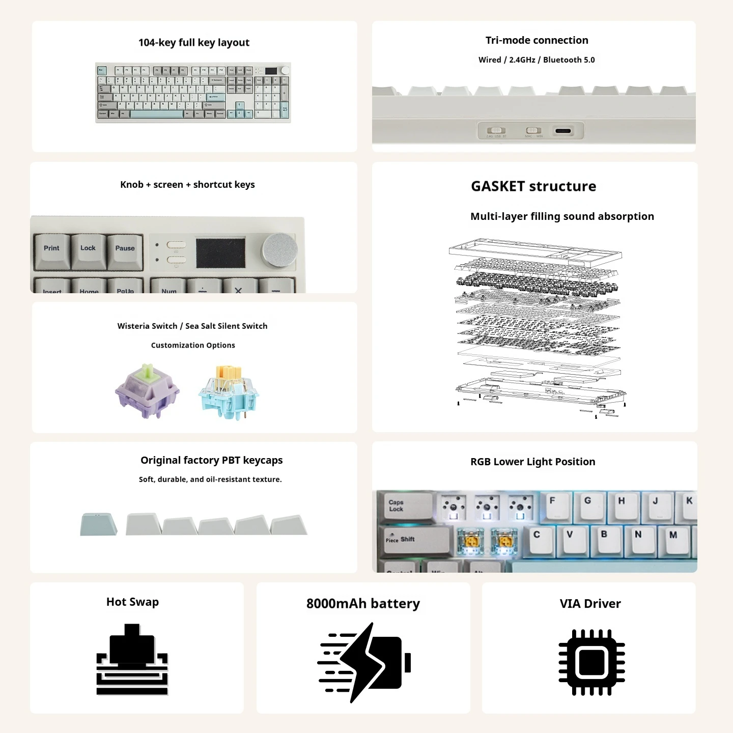 EPOMAKER QK108 teclados mecánicos inalámbricos Bluetooth con teclas PBT intercambiables en caliente batería de 8000mAh teclados para juegos personalizados RGB - imagen 2