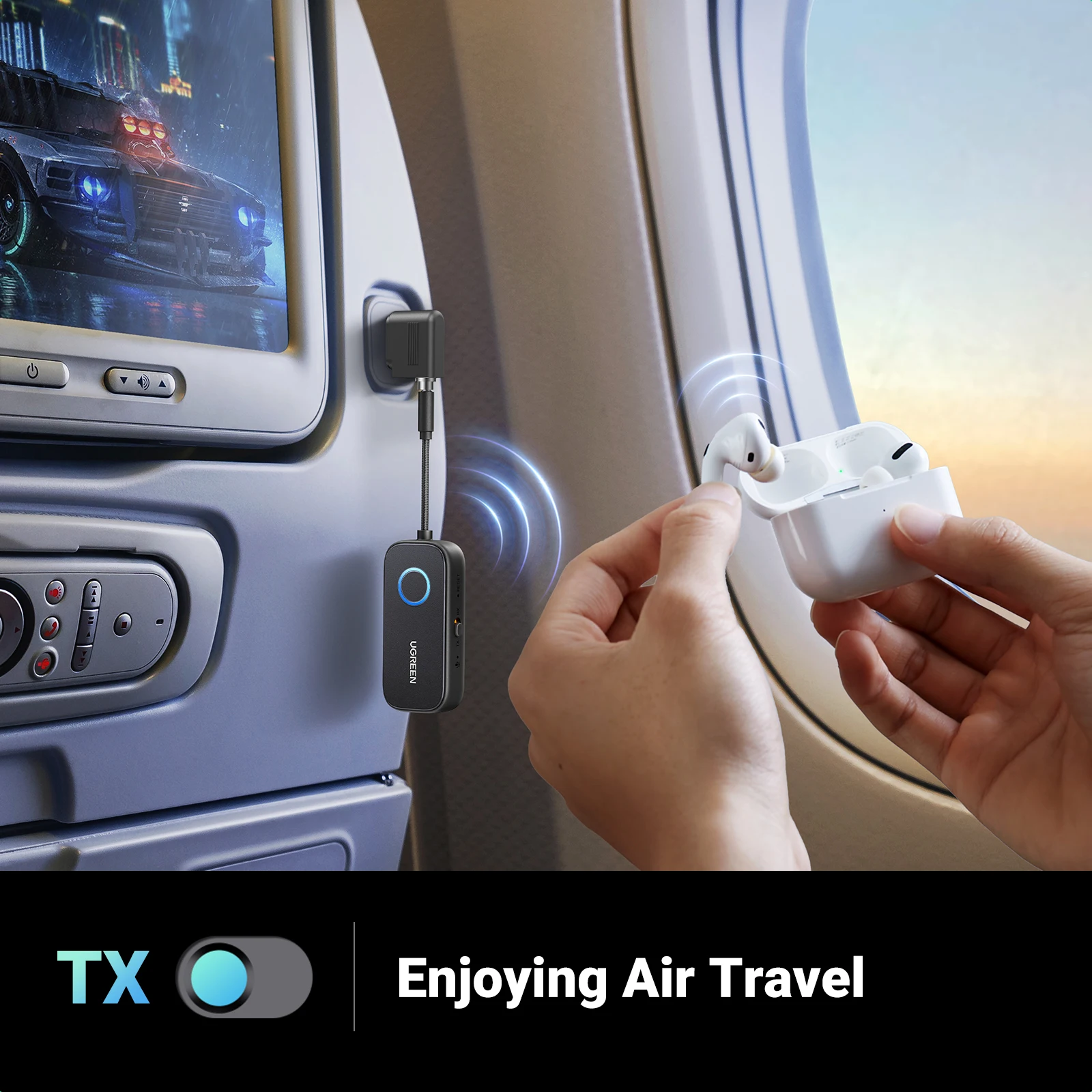UGREEN Receptor y transmisor Bluetooth para avión Adaptador Bluetooth inalámbrico 2 en 1 para usar con cualquier conector de 3,5 mm en vuelo, TV - imagen 2