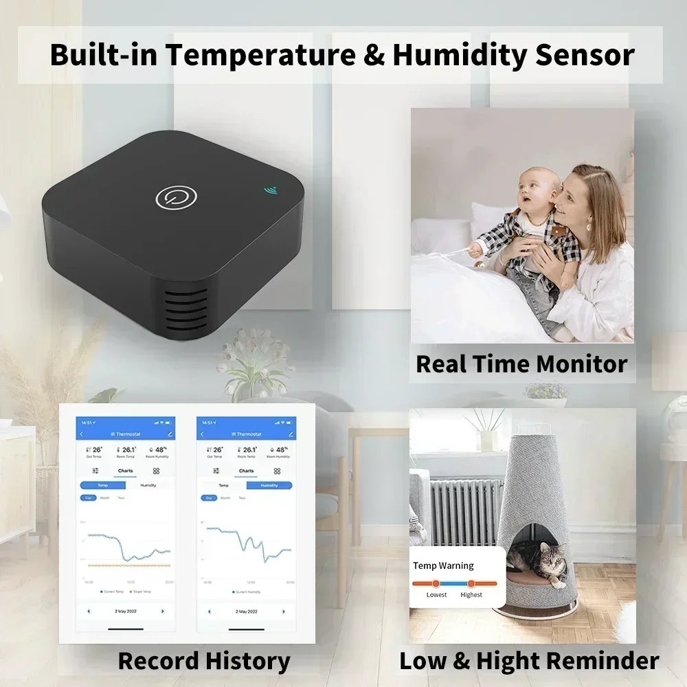 Thremostato inteligente de aire acondicionado Tuya, Sensor de temperatura y humedad incorporado para control remoto IR, funciona con Alexa y Google - imagen 4
