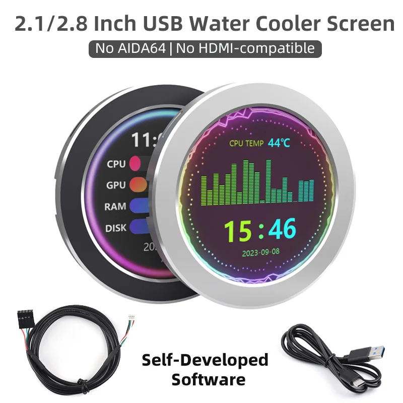 Monitor USB de 2,1/2,8 pulgadas, pantalla de refrigerador de agua para PC, LCD secundario, 480x480, análisis de espectro de música, NO AIDA64