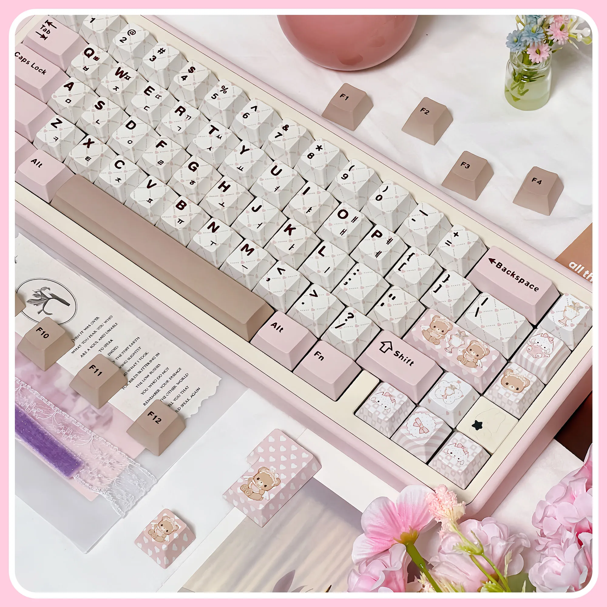 Juego de teclas con tema rosa Little Bear Tea Party, perfil de cereza PBT, teclas originales personalizadas hechas a mano para regalo de teclado mecánico - imagen 4
