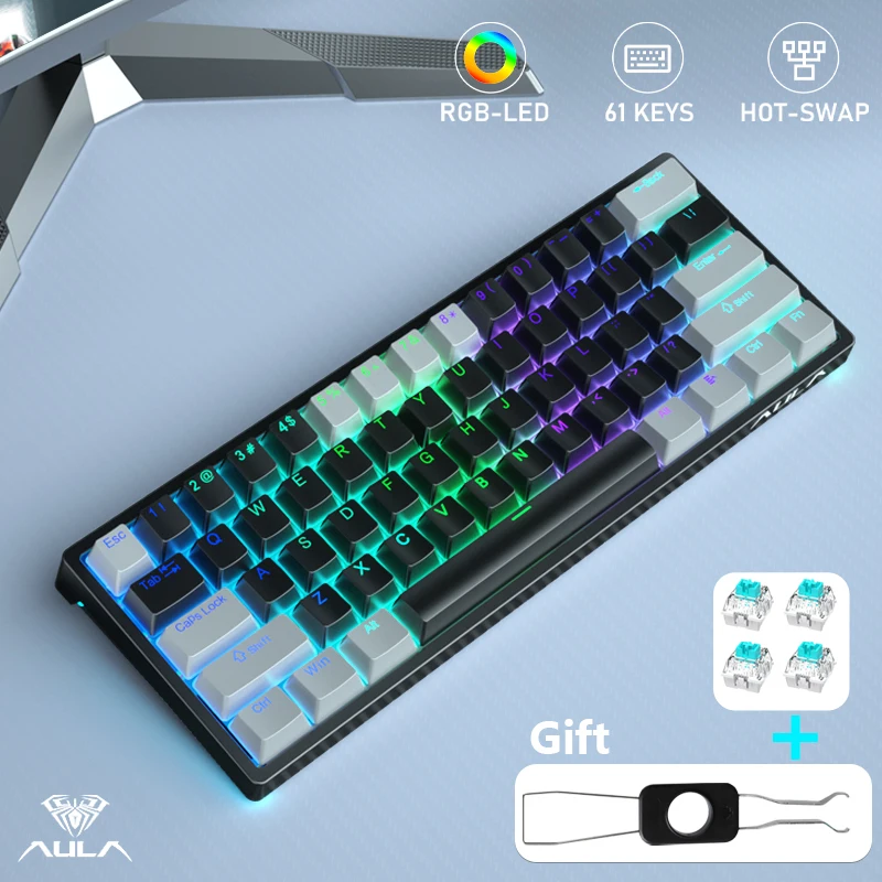 AULA F3261 Teclado mecánico con cable de 61 teclas, teclado para juegos intercambiable en caliente, Software personalizado para tableta, portátil, diseño 60% retroiluminado RGB - imagen 2
