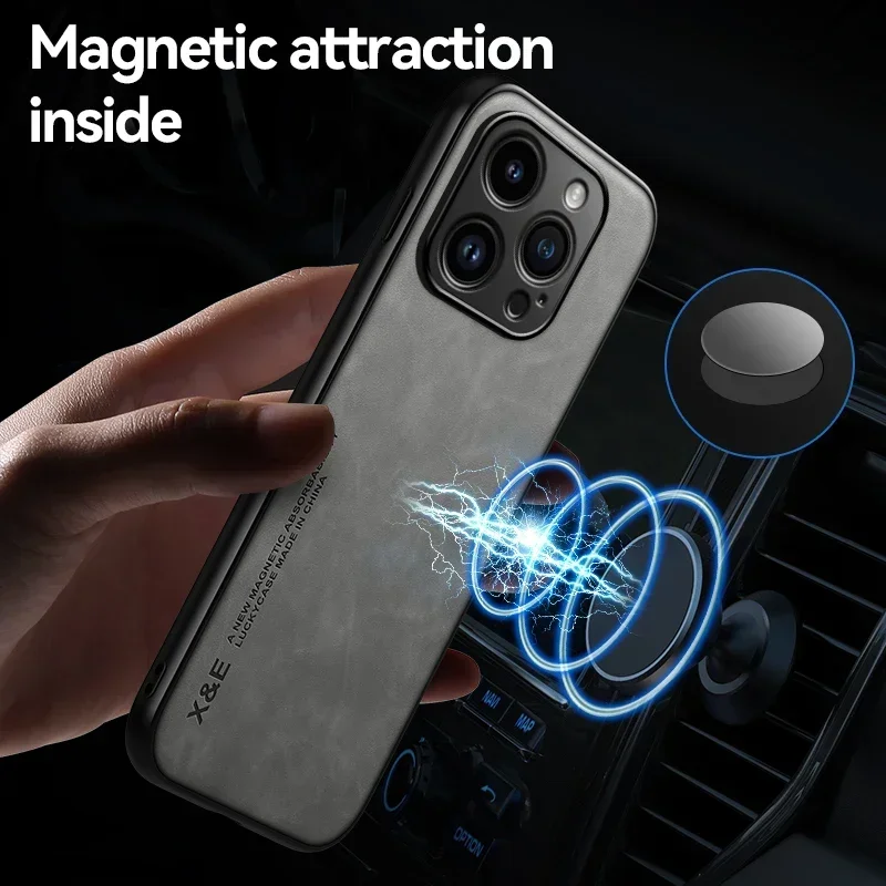 Funda de cuero de lujo para iPhone 17 16 16e 15 14 13 12 11 Pro Max Plus 13 12 Mini SE 8 7 cubierta con placa de Metal soporte para coche - imagen 4