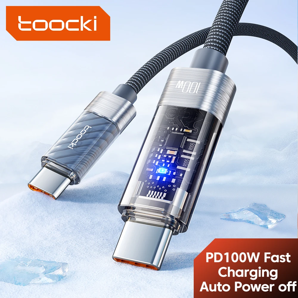 Toocki PD 100W Cable USB de apagado automático 5A carga rápida Cable transparente tipo C a tipo C para iPhone 15 16 Xiaomi Samsung S23