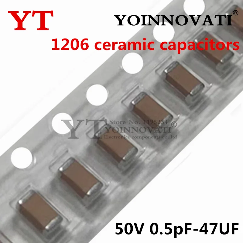 100 Uds 1206 condensadores cerámicos 50V 0.5pF-47UF 10pF 22pF 100pF 470pF 1nF 10nF 100nF 0,1uF 1uF 2,2uF 4,7uF 10uF 22uF 104K 105