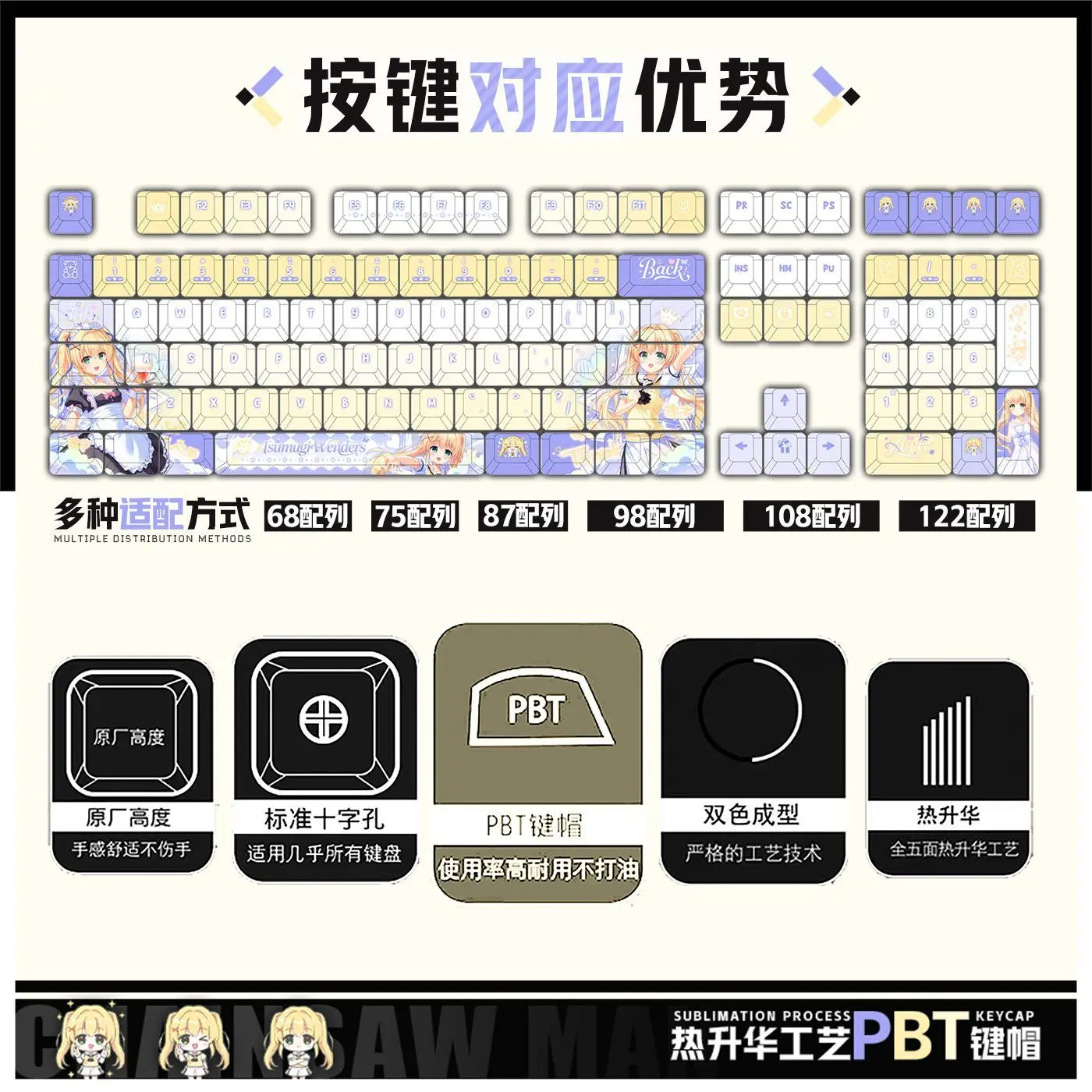 122 teclas Tsumugi Wenders tema Keycaps verano bolsillos Keycap lindo juego Key Cap Cherry PBT Key Cap para Made68 Mad68 Wooting 60 - imagen 3