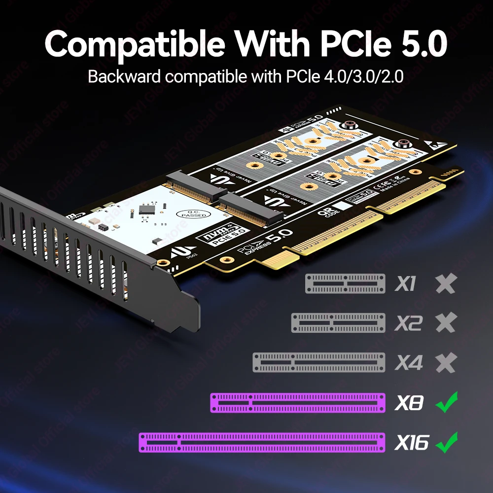 JEYI admite adaptador RAID PCIe 5,0 a Dual M.2 NVMe (256 Gbps) - Tarjeta compatible con ranura X8/X16 para SSD 2280/2260/2242/2230 - imagen 3