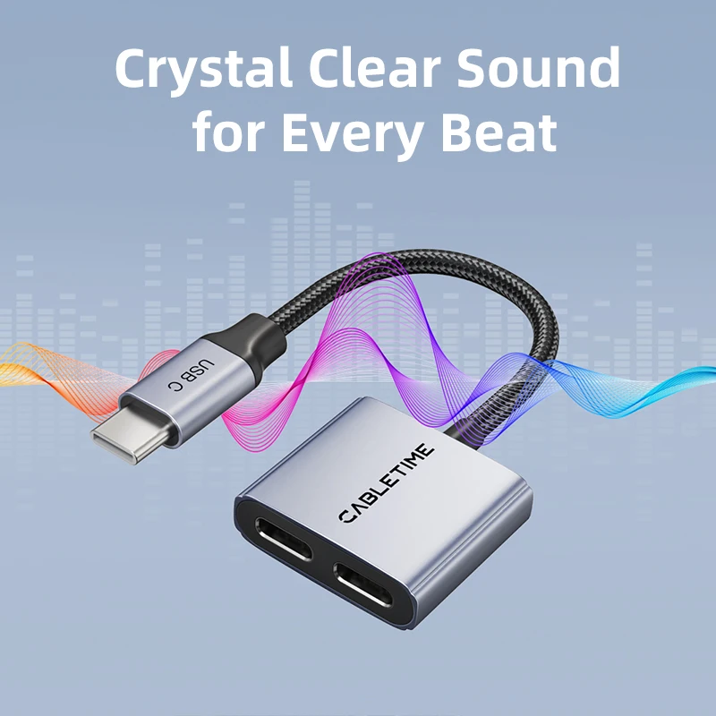 CABLETIME USB C a Dual USB C Adaptador de cargador y auriculares 2 en 1 PD 60W Cargador rápido Adaptador de aluminio Hi-Fi para IPhone HUAWEI - imagen 4