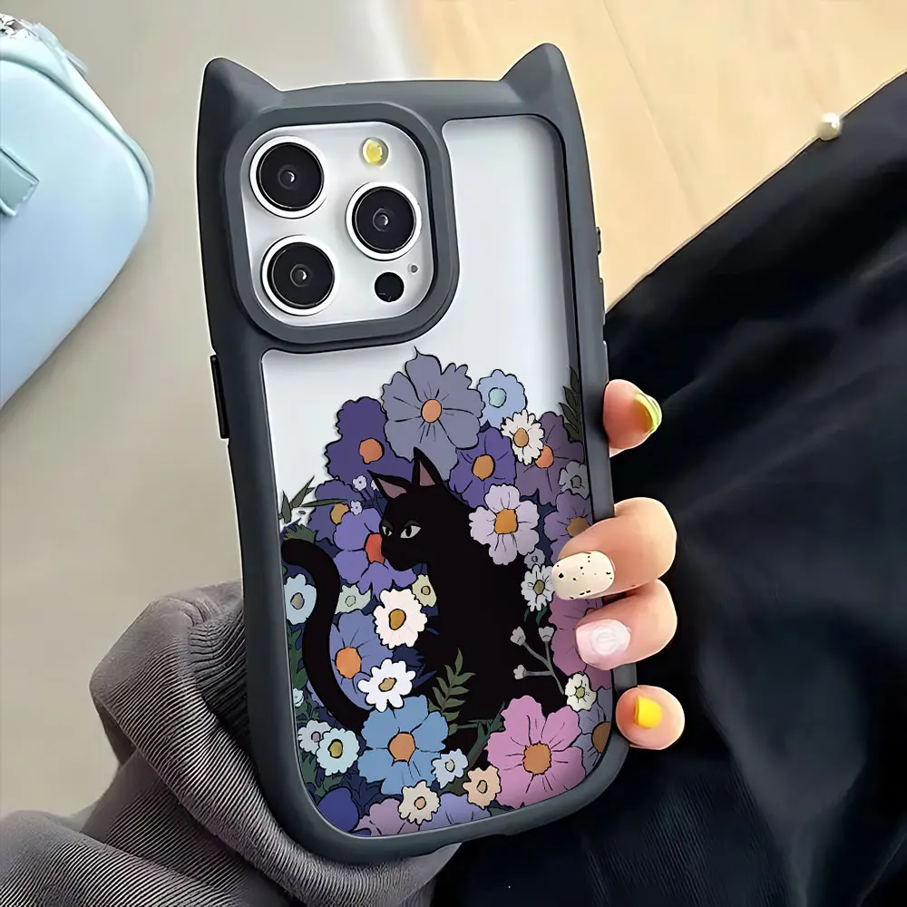 Funda de teléfono con orejas de gato de dibujos animados para iPhone 16, 15, 14, 13, 12, 11 Pro Max, parachoques de silicona suave de acrílico duro transparente