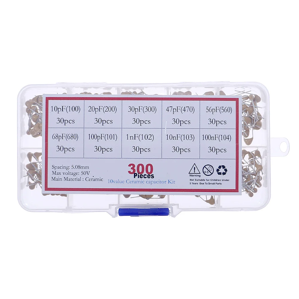 Kit surtido de condensadores cerámicos monolíticos, 300 Uds., 10 valores, caja de paquete mixto 50v, 10pf, 20pf, 30pf, 47pf, 56pf, 68pf, 100pf, 1nf, 10nf, 100nf - imagen 4