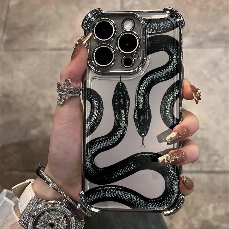 Funda de teléfono con revestimiento de serpiente negra Vintage de lujo para iPhone 17 Pro Max 17 Air 16 Pro 15 14 Plus 13 12 11 16E cubierta trasera anticaída
