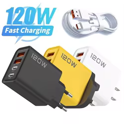 Cargador USB tipo C de 120W y 4 puertos, Cable de datos de carga rápida, adaptador de cargador de teléfono USB para Samsung, iPhone, Xiaomi, Huawei, cargador de pared