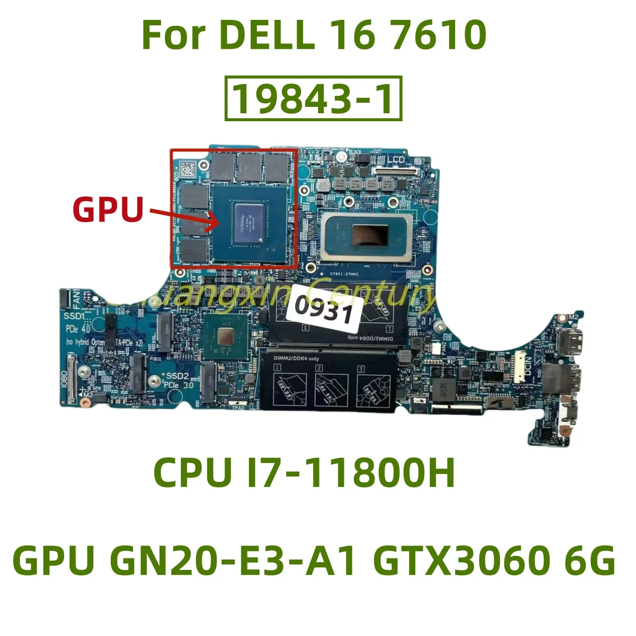 Placa base 19843-1 adecuada para portátil DELL 16 7610 con CPU I7-11800H GPU GN20-E3-A1 GTX3060 6G 100% prueba ok envío