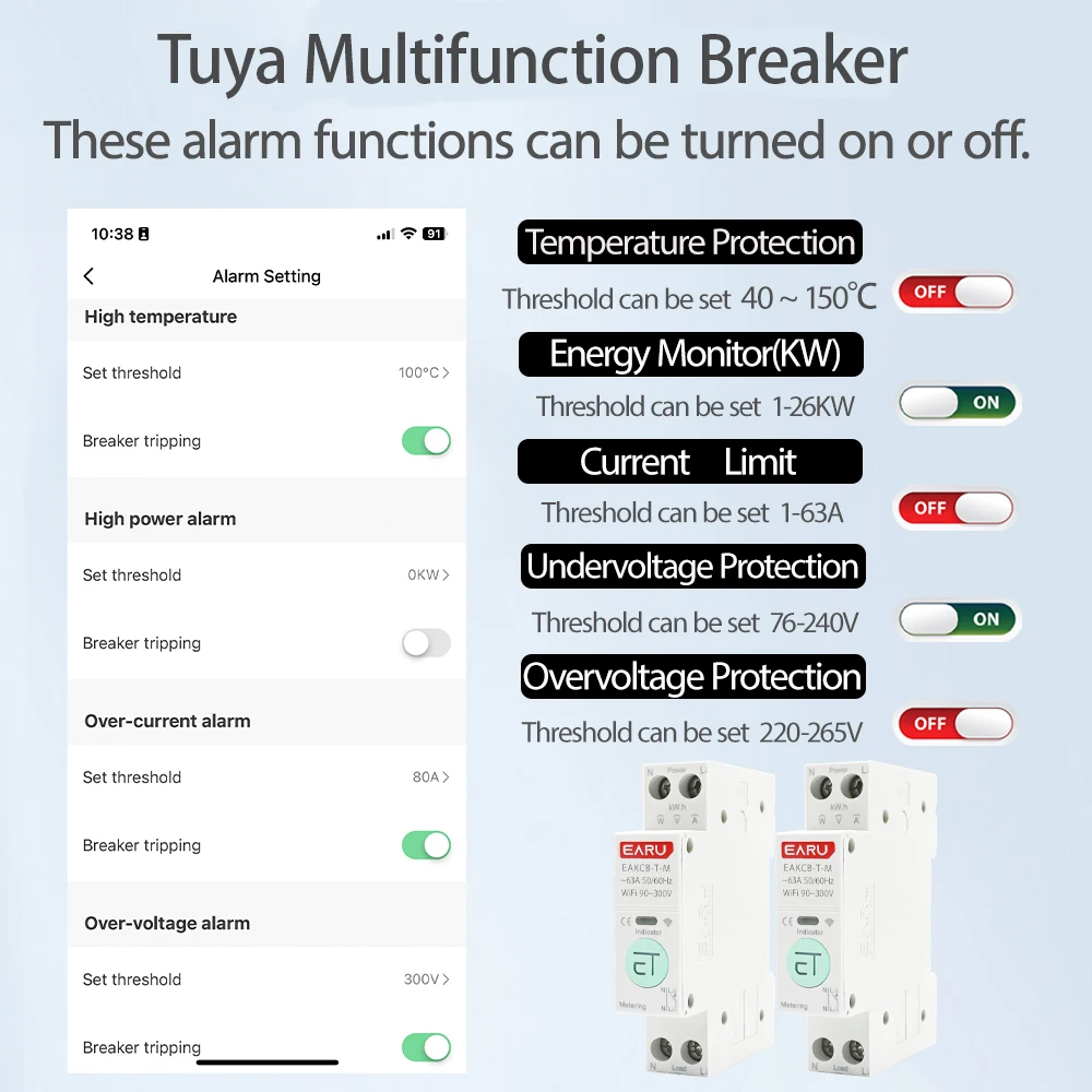 Zigbee TUYA WiFi disyuntor inteligente sobrecorriente bajo voltaje protección medición de potencia 1-63A interruptor de Control remoto inalámbrico - imagen 5