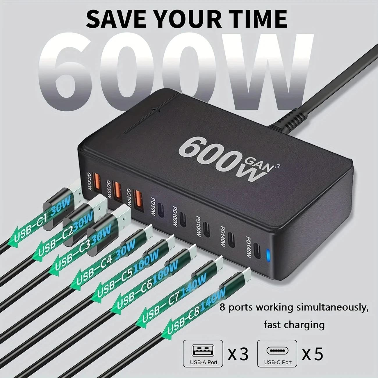 Nuevo cargador USB-C Quick Charge 3,0 GaN de 600W con 8 puertos 5C3A PD, portátil y adecuado para tabletas