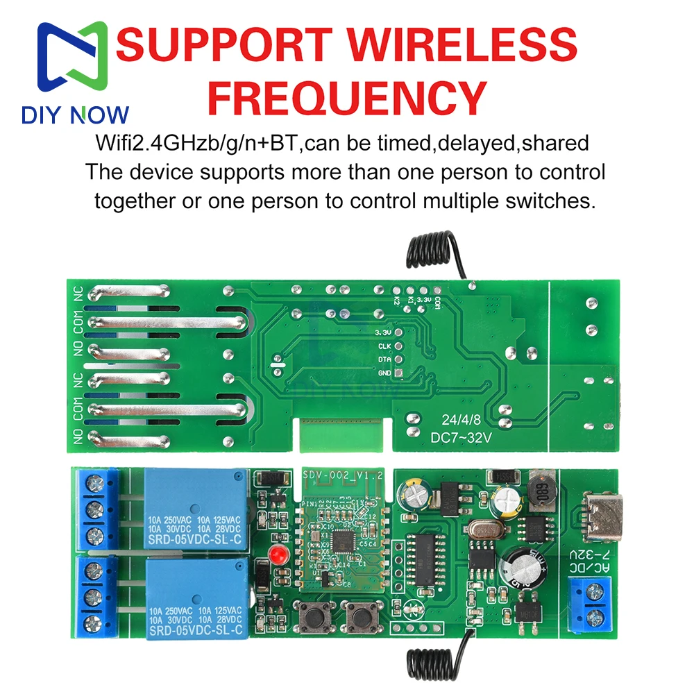 Módulo de interruptor de relé WIFI Bluetooth de 2 vías versión RF módulo autoblocante de avance lento 433MHZ Control remoto RF AC/DC 7-32V/tipo C 5V - imagen 3