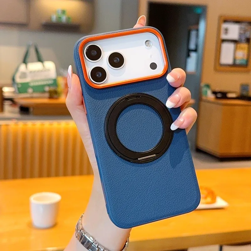 Para iPhone17 Pro Max, 17 Pro funda magnética ELVEV patrón de lichi PU cuero duro PC soporte giratorio cubierta de teléfono para iPhone Air - imagen 2