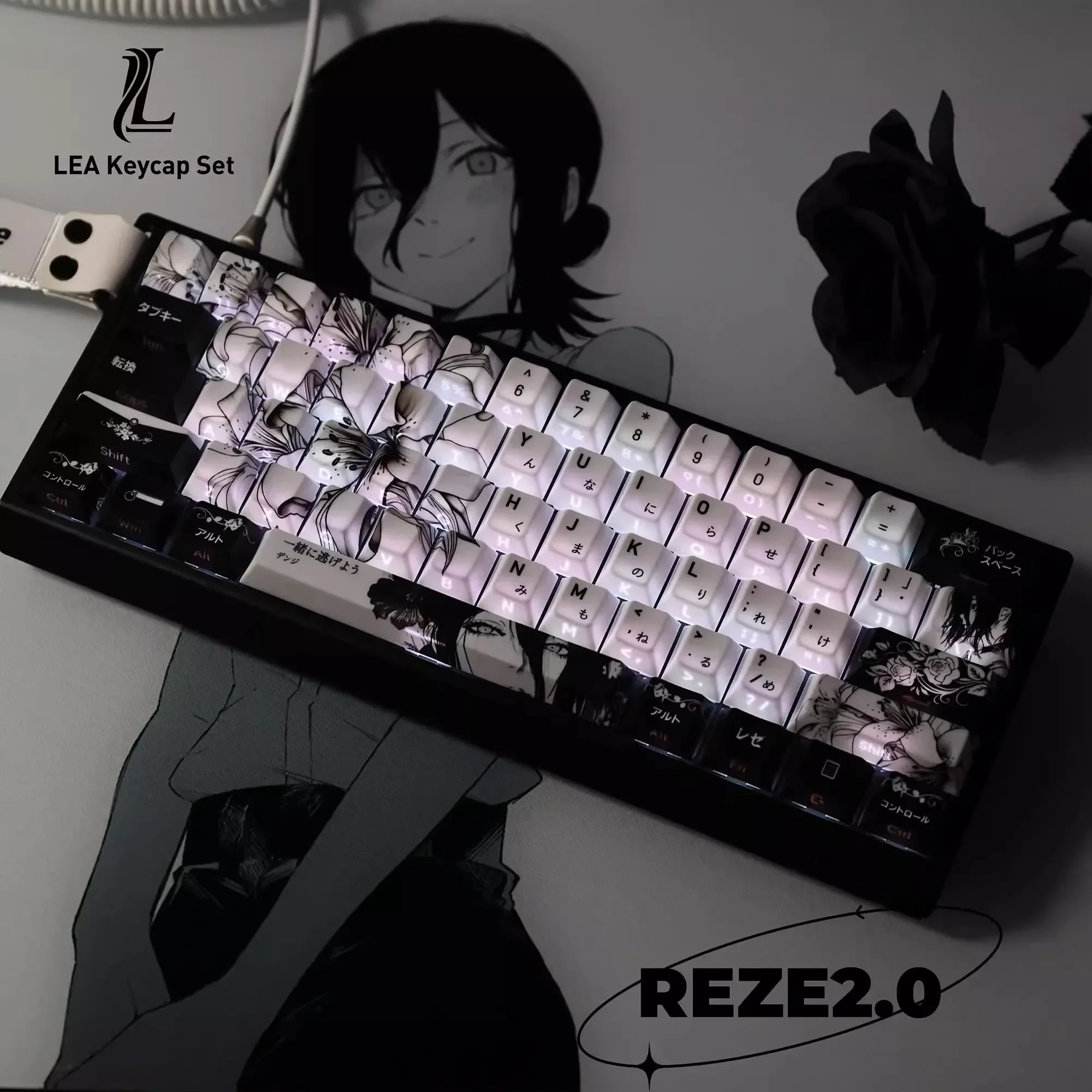REZE-teclas con tema de Anime, color blanco y negro, perfil de cereza, sublimación de tinte PBT personalizada para teclado Mad 60he Aula Win60 Wooting60 - imagen 3
