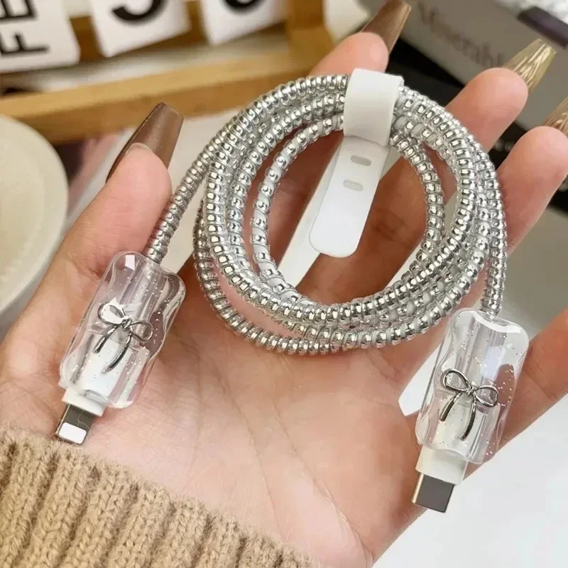 Funda protectora Kawaii con lazo brillante y transparente para Apple iPhone 18/20W, enrollador de Cable láser suave, protectores de cables - imagen 5